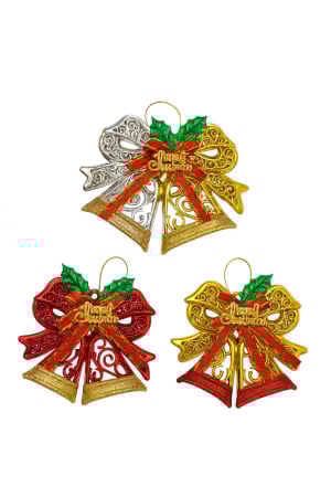 Decoratiuni si ornamente de Craciun - Set 12 ornamente clopotei Craciun, culori combinate, decor brad si sarbatori, 15x10cm per buc