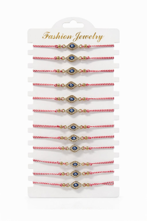 Bratara Martisor - Set 12 bratari martisor talisman protector auriu cu strasuri, snur alb rosu, 20x11cm