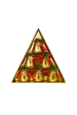 Decoratiuni si ornamente de Craciun - Set clopotei decorativi aurii cu fundita rosie si zapada artificiala 6 buc, 18.5x18.5cm