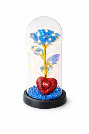 Cupole cu flori din plastic - Cupola plastic cu trandafir albastru si inima Love LED, decor luminos, 20 cm, cutie cadou