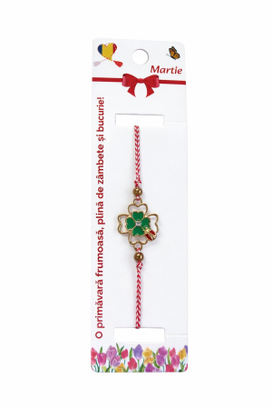 Bratara Martisor - Set 12 bratari martisor cu trifoi norocos si buburuza, snur rosu alb, ambalate individual