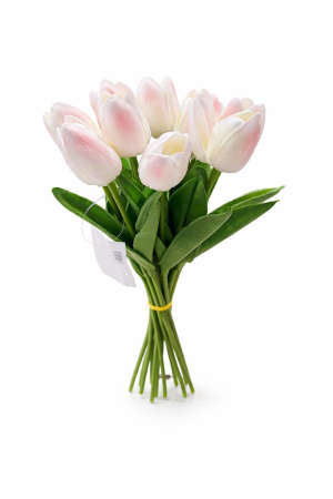 Idei de Cadouri - Set 10 lalele artificiale alb cu roz delicat soft touch, fir individual, 33cm