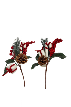 Decoratiuni si ornamente de Craciun - Crenguta decorativa Craciun cu con, fructe rosii si cadouri mini 28cm