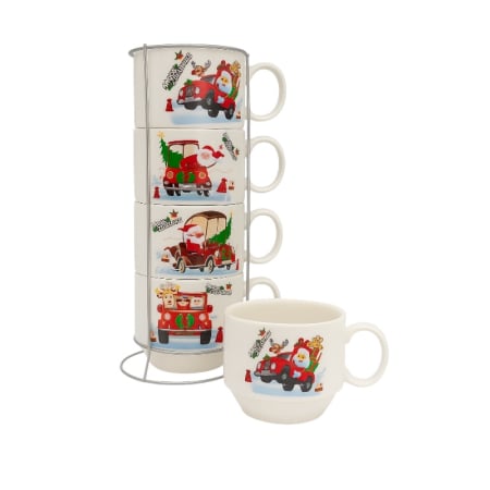 Cani tematice Craciun - Set 4 Cani Ceramice cu Suport – Mos Craciun la Volan, Model Christmas Car