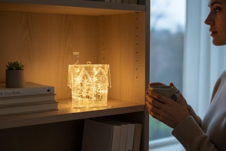 Decoratiuni luminoase de Craciun - Casuta Decorativa cu Lumini LED, Efect Craciun, Transparenta, 7.5x10x6cm