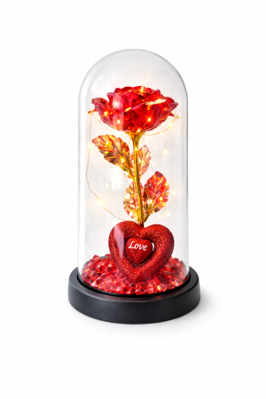 Cupole cu flori din plastic - Cupola plastic cu trandafir rosu si inima Love LED, decor luminos, 20 cm, cutie cadou