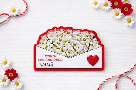 Martisoare - agnet cu mesaj Pentru cea mai buna mama model plic cu ghiocei si inimioara 10cm