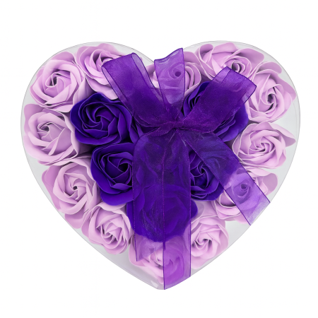 Aranjamente florale - Inima Luxury cu Trandafiri din Sapun Mov si Lila, Cutie Transparenta cu Fundita, 17X17CM
