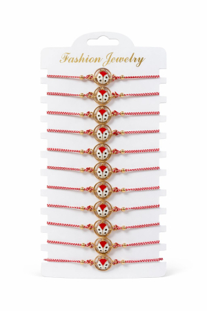 Bratara Martisor - Set 12 Bratari Martisor Buburuza in Medalion Auriu, Snur Rosu Reglabil, 20x11 cm