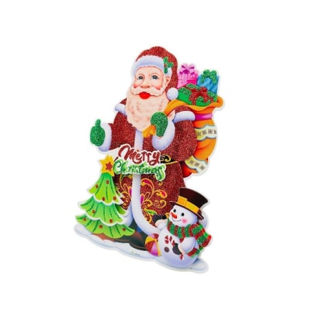 Decoratiuni si ornamente de Craciun - Sticker decorativ Craciun Mos Craciun 3D cu brad si om de zapada 23x14 cm