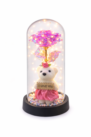 Cupole cu flori din plastic - Cupola decorativa cu ursulet, floare artificiala LED si mesaj I Love You, baterii neincluse, 20 x 10 cm