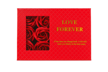 Aranjamente florale - Set Cadou Love Forever cu 3 Trandafiri din Sapun in Cutie Glisanta Rosie Premium + Punga Cadou
