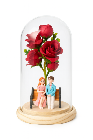 Idei de Cadouri - Cupola cu Trandafiri Artificiali si Figurine Cuplu 19.5x10 cm cu Lumini LED