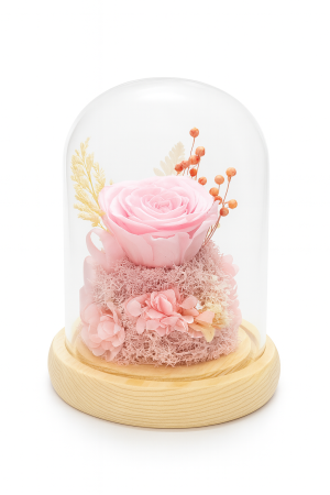 Idei de Cadouri - Trandafir Criogenat Roz in Cupola Sticla cu Baza Lemn, Decor Elegant 17x12 cm