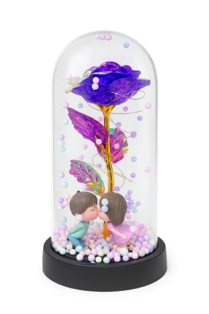 Idei de Cadouri - Trandafir Etern Violet in Cupola Plastic 20 cm Lumini LED – Figurine Indragostiti Baterii Incluse Cutie Cadou