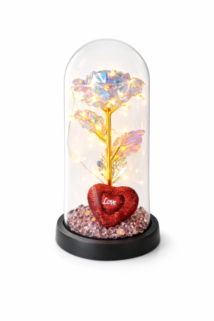 Cupole cu flori din plastic - Cupola plastic cu trandafir alb irizat si inima Love LED, decor luminos, 20 cm, cutie cadou