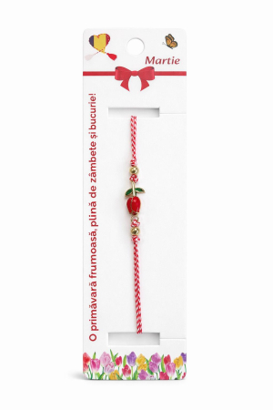 Bratara Martisor - Set 12 bratari martisor cu lalea rosie, snur rosu alb, ambalate individual