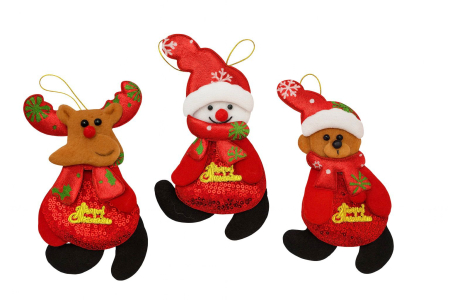 Decoratiuni si ornamente de Craciun - Set 12 decoratiuni Craciun textile cu ren, om de zapada si ursulet, 16cm