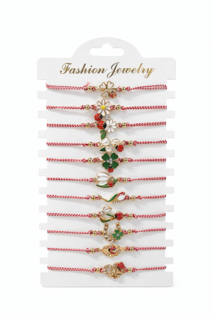 Bratara Martisor - Set 12 Bratari Martisor cu Simboluri Primavara Aurii, Snur Rosu Reglabil, 20x11 cm