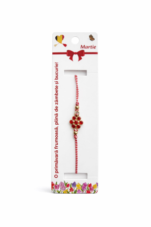 Bratara Martisor - Set 12 bratari martisor cu floare rosie din cristale, snur reglabil alb-rosu