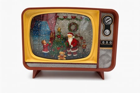 Decoratiuni luminoase de Craciun - Decoratiune TV retro Craciun cu lumini LED, colinde si ninsoare, baterii si acumulator, 26x21x16cm