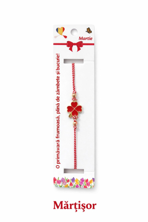 Bratara Martisor - Set 12 bratari martisor cu trifoi auriu si petale rosii, snur reglabil, simbol norocos