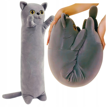 Jucarii de plus - Pisica Plus Gri 50 cm – Perna Jucarie Extensibila, Pufoasa, Antistres, Cadou Cute