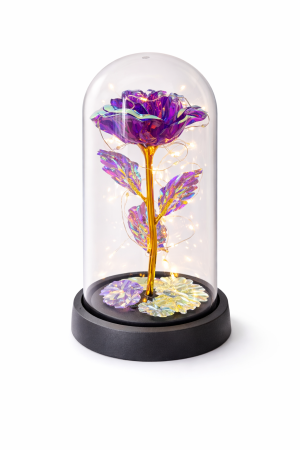 Cupole cu flori din plastic - Cupola premium iluminata cu trandafir mov irizant, design rafinat, 20x11 cm