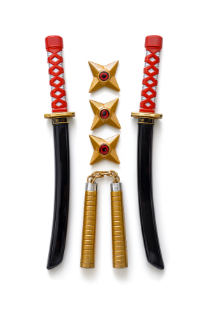 Jocuri si Jucarii - Set Ninja – 2 Sabii, 2 Nunchaku si 3 Stele – 44x22 cm