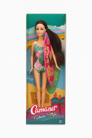 Papusi si accesorii - Papusa Camaner Fashion Style Surfer cu Placa de Surf si Par Lung pentru Fete 3+,32x11.5cm