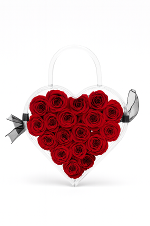 Idei de Cadouri - Inima Transparenta cu 19 Trandafiri Criogenati Rosii 33x25x6.5 cm Cadou Premium
