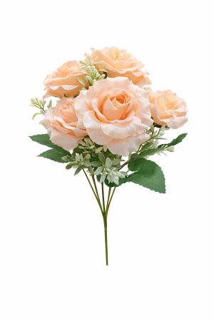 Idei de Cadouri - Buchet 7 trandafiri artificiali nuanta piersica delicata, frunze si boboci decorativi 30cm