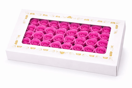 Aranjamente florale - Set 50 trandafiri de sapun parfumati roz intens in cutie eleganta 44x23 cm