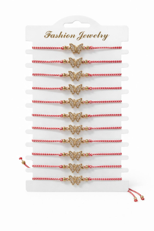 Martisoare - Set 12 bratari martisor fluturas auriu cu strasuri, snur reglabil, 20x11cm