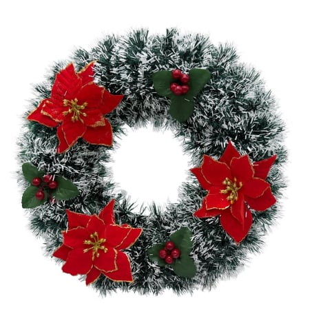 Coronite - COROANA DECORATIVA CRACIUN CU POINSETTIA ROSIE SI BOABE, 37cm