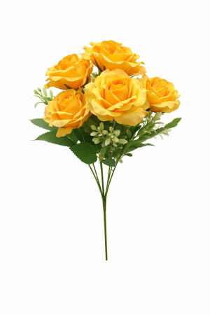 Flori Artificiale - Buchet 7 trandafiri artificiali galben intens, frunze si boboci decorativi 30cm