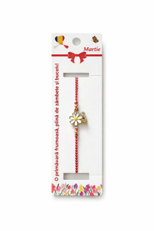 Bratara Martisor - Set 12 bratari martisor cu simbol margareta si snur rosu alb, ambalate individual