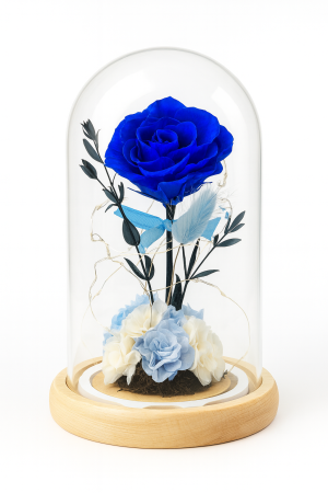 Idei de Cadouri - Cupola 24x12.5 cm cu Trandafir Criogenat Albastru si Lumini LED Decor Premium