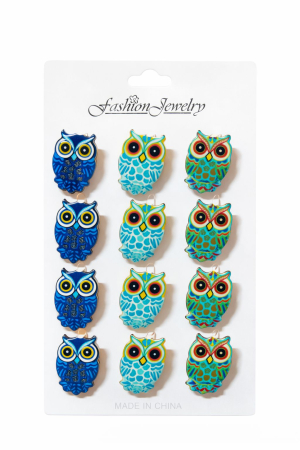 Martisoare - Set 12 brose martisor bufnita colorata simbol intelepciune 15x9cm