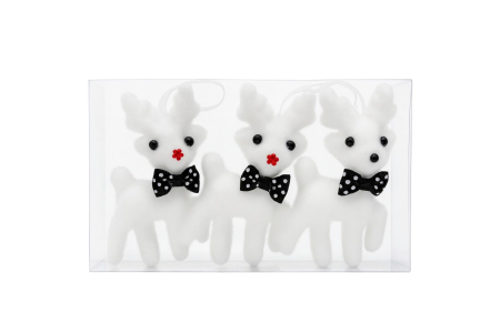 Decoratiuni si ornamente de Craciun - Set 3 decoratiuni ren alb cu papion negru buline, Craciun, 18x11cm