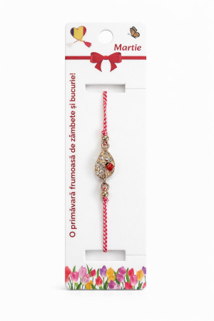 Bratara Martisor - Set 12 bratari martisor cu frunza aurie cu strasuri si buburuza, snur rosu alb, ambalate individual