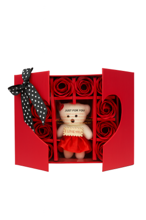 Idei de Cadouri - Cutie cadou rosie cu ursulet si 10 trandafiri de sapun, model romantic, 16x16x5 cm
