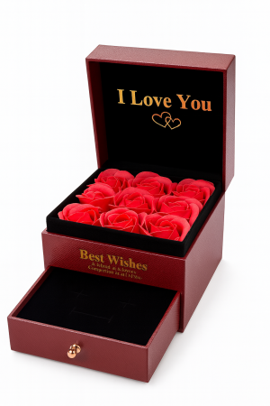 Idei de Cadouri - Cutie cadou bordo cu 9 trandafiri de sapun rosii, model cu sertar, punga inclusa, 11x8 cm