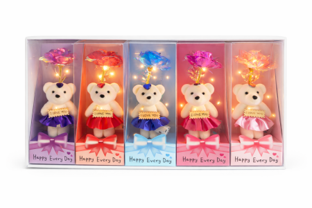 Aranjamente florale - Set 5 ursuleti cu floare artificiala LED si baterii incluse, Happy Every Day, 25 x 9.5 cm