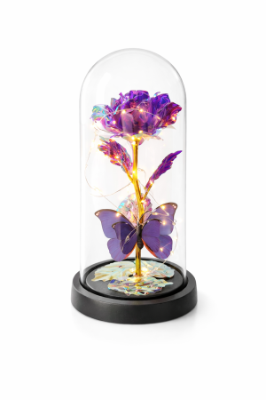 Idei de Cadouri - Cupola plastic cu trandafir mov LED, decor luminos elegant, 20 cm, cutie cadou inclusa