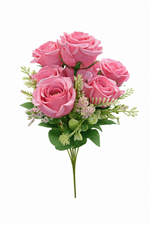 Idei de Cadouri - Buchet 5 trandafiri artificiali roz pudrat cu frunze si boboci decorativi 30cm