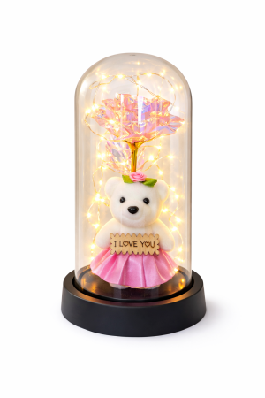 Idei de Cadouri - Cupola cu Ursulet si Trandafir Roz Iridescent, LED Decorativ Romantic, 20x11 cm