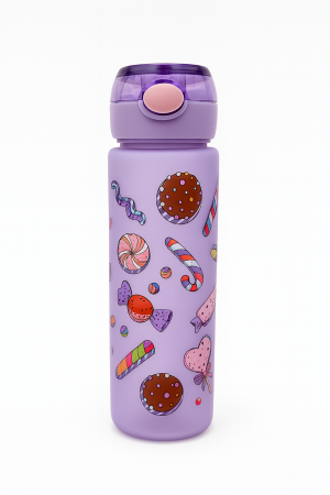 Jucarii Diverse - Sticla Kids Candy Purple 500ml – Model Vesel cu Dulciuri, Pai si Capac Flip Anti-Scurgere