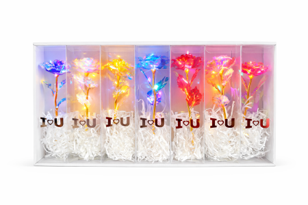 Aranjamente florale - Set 7 flori artificiale cu LED si baterii incluse, ambalaj cadou I Love U, 26 x 7 cm