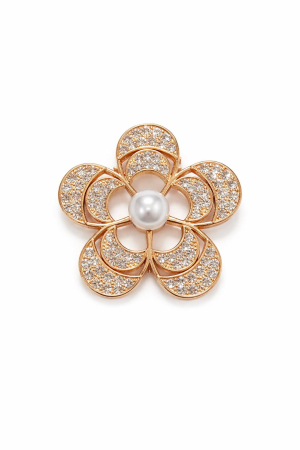 Martisoare - Brosa Floare Camelia Aurie 5x5cm Perla Centrala Cristale Eleganta